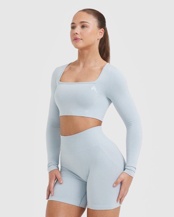 Effortless Square Neck Crop Long Sleeve Top | Ice Blue Discount - Image 3