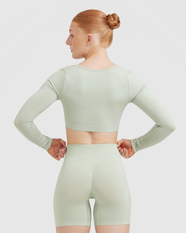 Effortless Square Neck Crop Long Sleeve Top | Tea Green Sale - Image 2